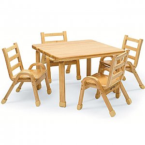 Natural Wood 30"x 30"x 20"H Square Toddler Table and Four 11 Inch chairs AB78002011