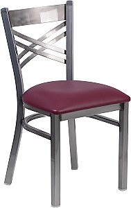 HERCULES Series Clear Coated ''X'' Back Metal Restaurant Chair - Burgundy Vinyl Seat
