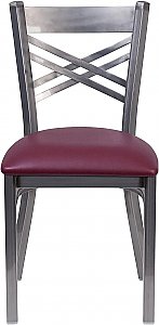 HERCULES Series Clear Coated ''X'' Back Metal Restaurant Chair - Burgundy Vinyl Seat