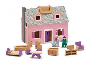 Fold and Go Wooden Dollhouse With 2 Dolls and Wooden Furniture MD3701