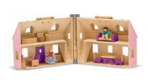 Fold and Go Wooden Dollhouse With 2 Dolls and Wooden Furniture MD3701